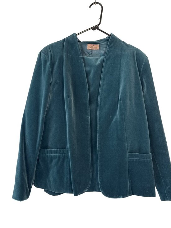 Vintage Tan Jay Womens 2-Piece Teal Velvet Blazer Skirt Set Cotton Blend Size 16 - Picture 1 of 13